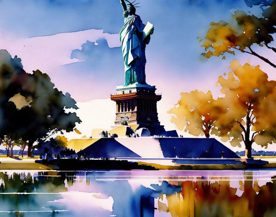 Autumn-themed Statue of Liberty watercolor painting with vibrant colors