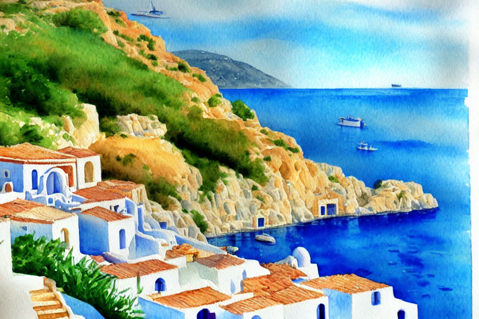 Scenic coastal village: white houses, blue roofs, rocky hillside, serene sea.