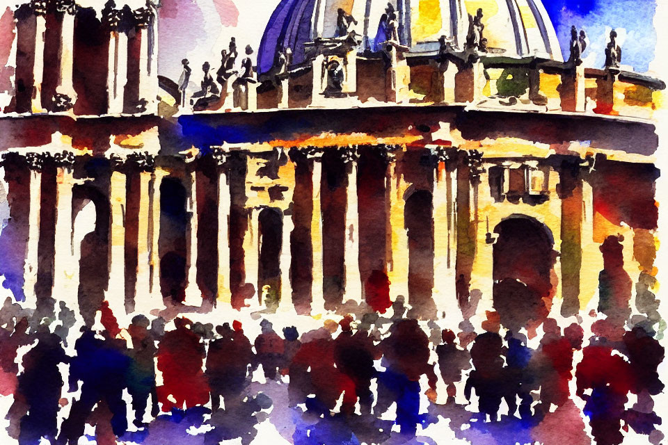 Colorful watercolor painting of a bustling plaza with grand architecture and statues.