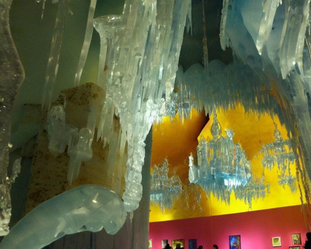 Indoor space with ice formations, yellow backdrop, and silhouettes viewing artwork