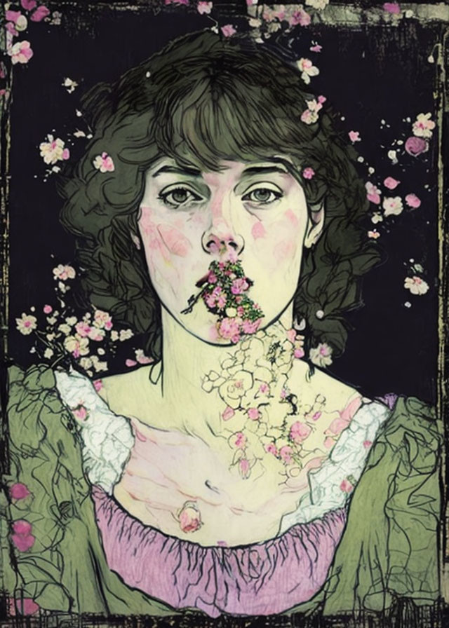 Dark-haired woman with flowers from mouth on black background