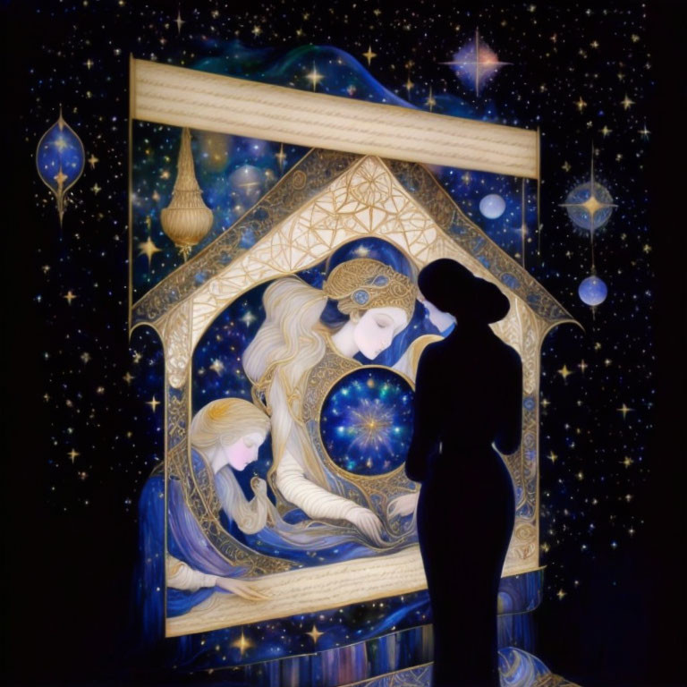 Silhouette observing cosmic Art Nouveau painting