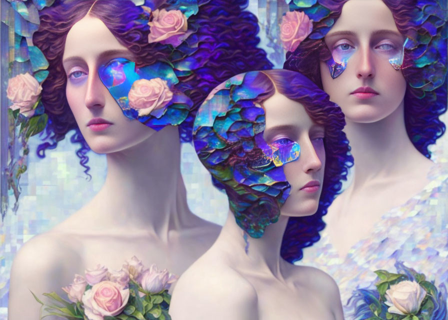 Stylized figures with porcelain skin and floral elements exude dreamlike aura
