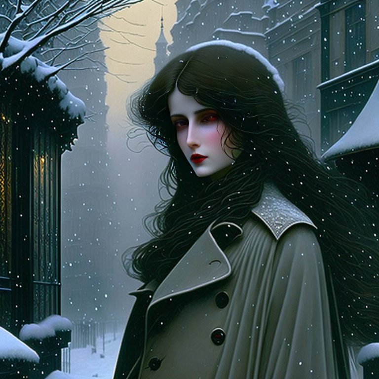 Dark-haired woman with red lips in snowy street wearing coat, old-style lamp post, and buildings in