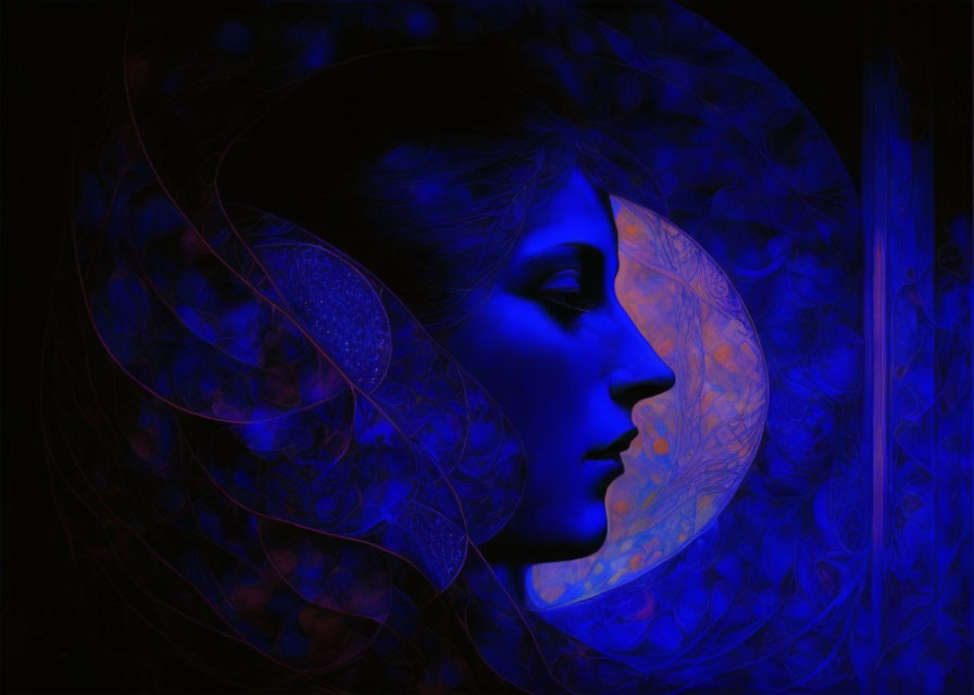 Blue-toned profile of a woman with intricate patterns on dark background