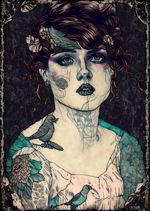 Detailed woman with tattoos and floral hair illustration in vintage style