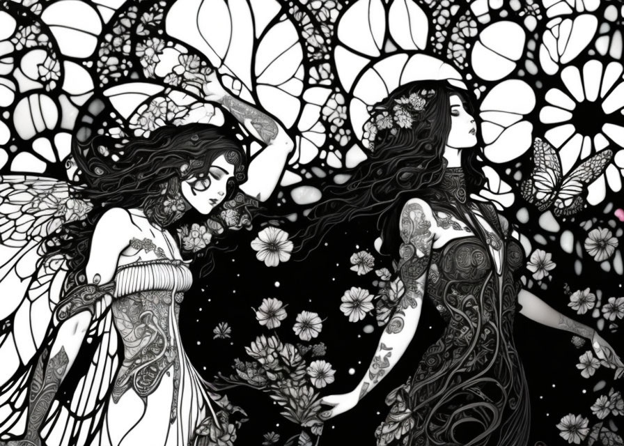 Detailed Monochromatic Female Figures with Floral Patterns