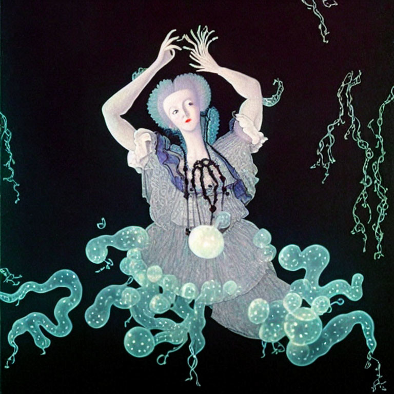 Portrait of a Person in Period Costume with Pale Face and White Hair Among Glowing Green Jellyfish-like