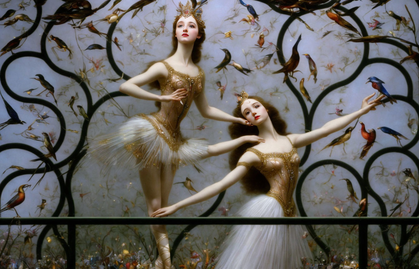 Ornate ballet dancers in whimsical backdrop with birds and stylized trees