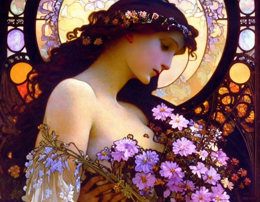 Woman with Flowers in Hair: Art Nouveau Style Painting