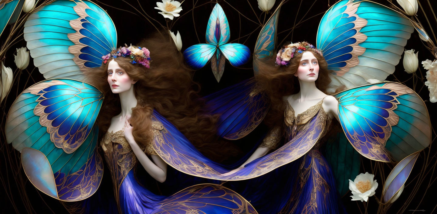 Ethereal women with butterfly wings in floral crowns among white flowers