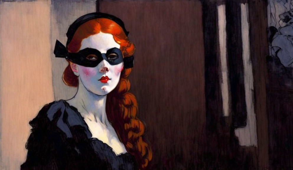 Portrait of woman with red hair, black mask, pale face, dark attire.