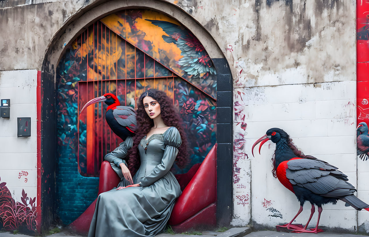 Vintage Green Dress Woman Poses with Vibrant Bird Mural