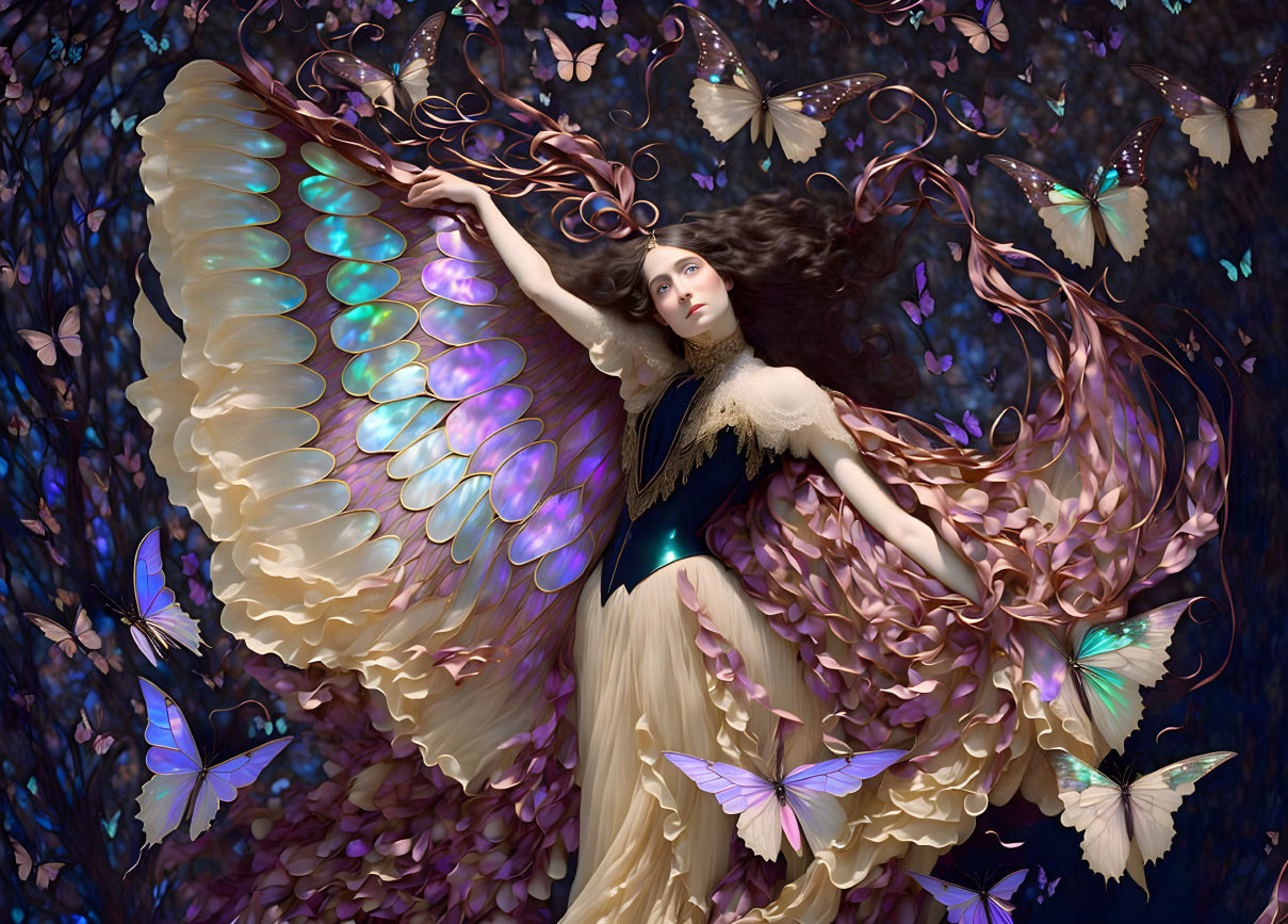 Woman as fairy with iridescent wings surrounded by butterflies on dark floral backdrop