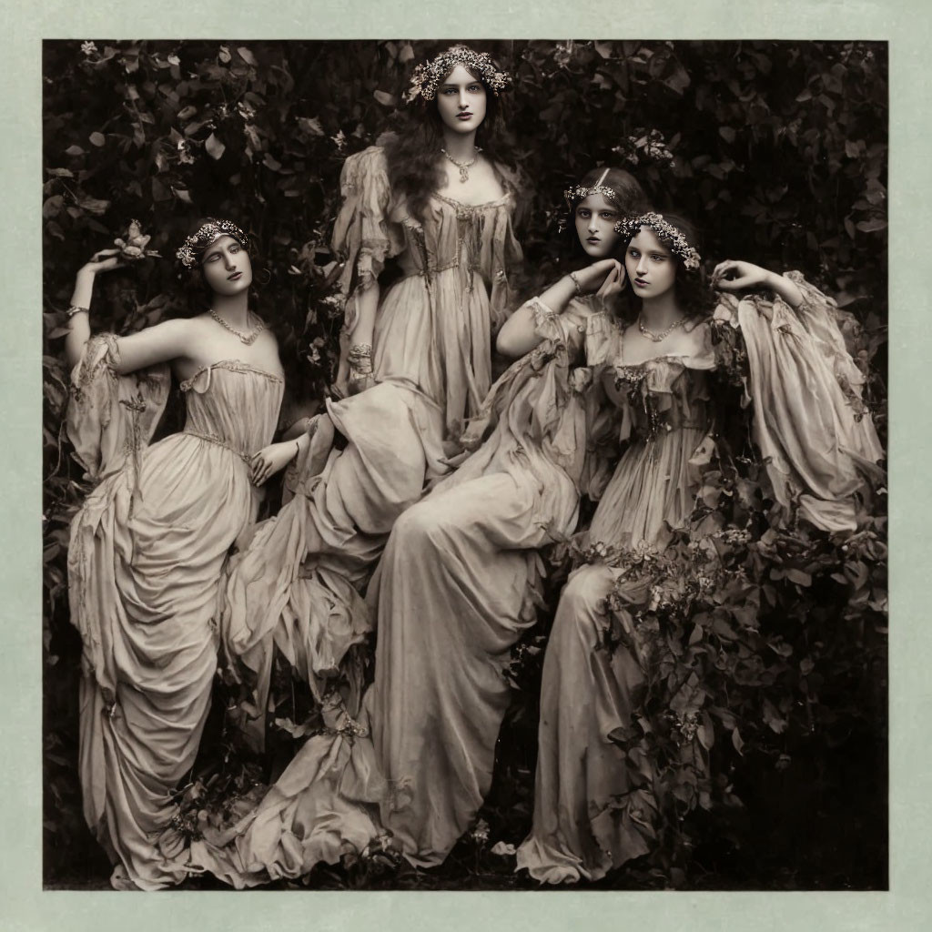 Four women in classical gowns and floral headpieces in sepia-toned photograph