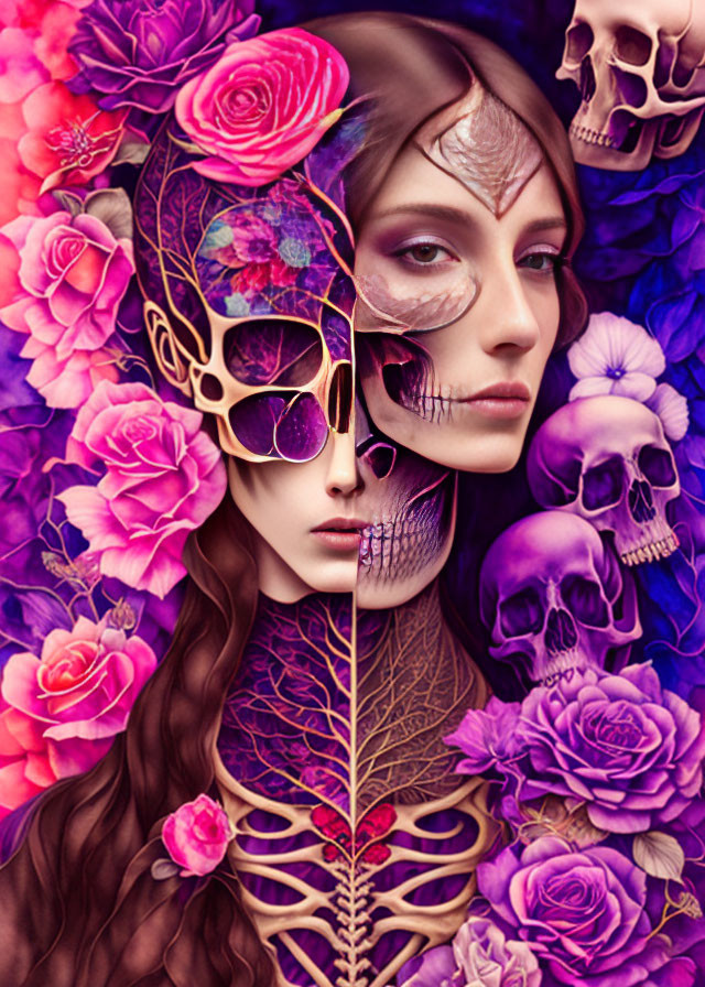 Woman's face with skeleton mask, roses, and skulls motif