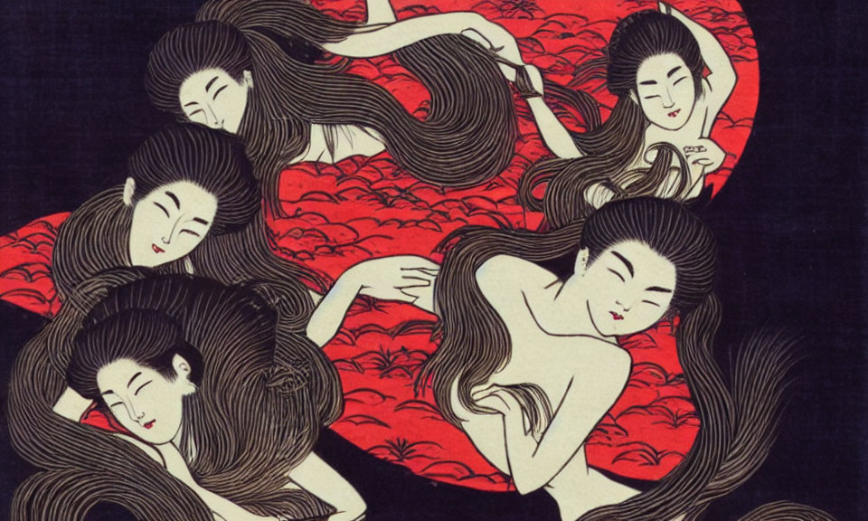 Illustration of Women with Flowing Hair in Red and Black, Traditional Asian Aesthetic