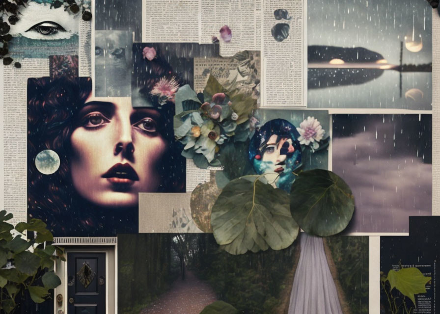 Mixed Media Collage Featuring Woman's Face, Text Pages, Nature Elements, and Forest Path