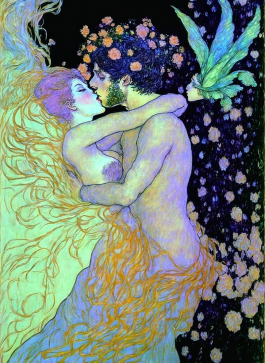 Vividly colored illustration of embracing couple with floral and celestial motifs