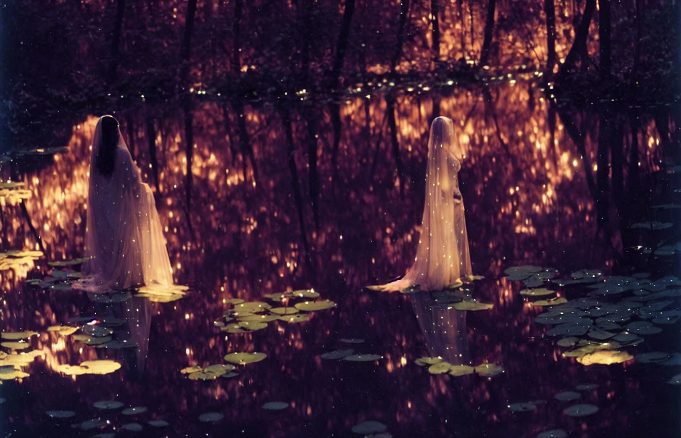 Mystical forest twilight with ethereal figures in mirror-like pond