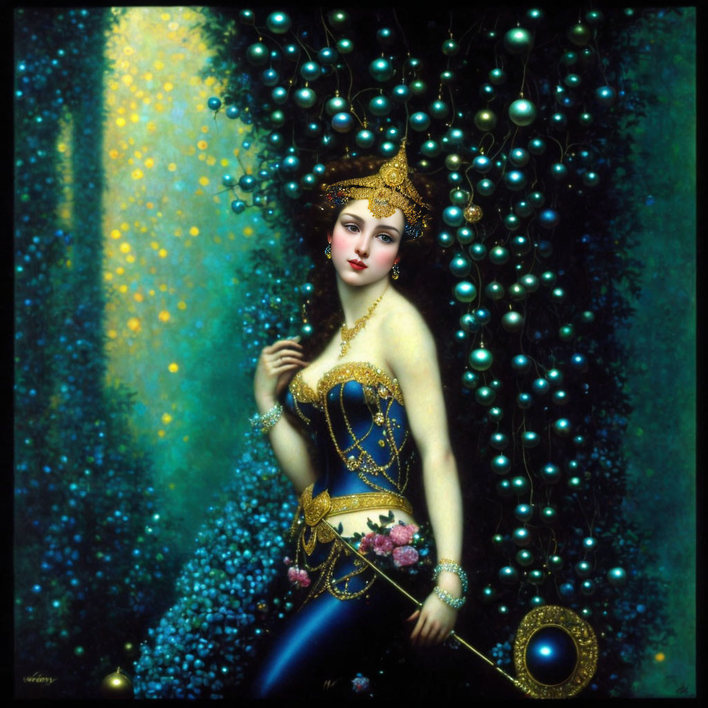 Elaborate gold attire woman in mystical starry setting