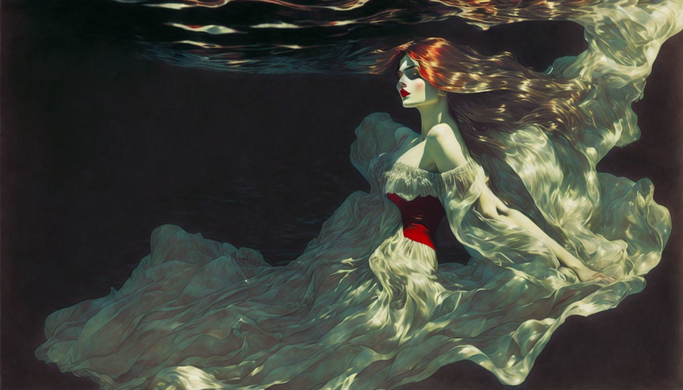 Surreal image of woman submerged in dark water