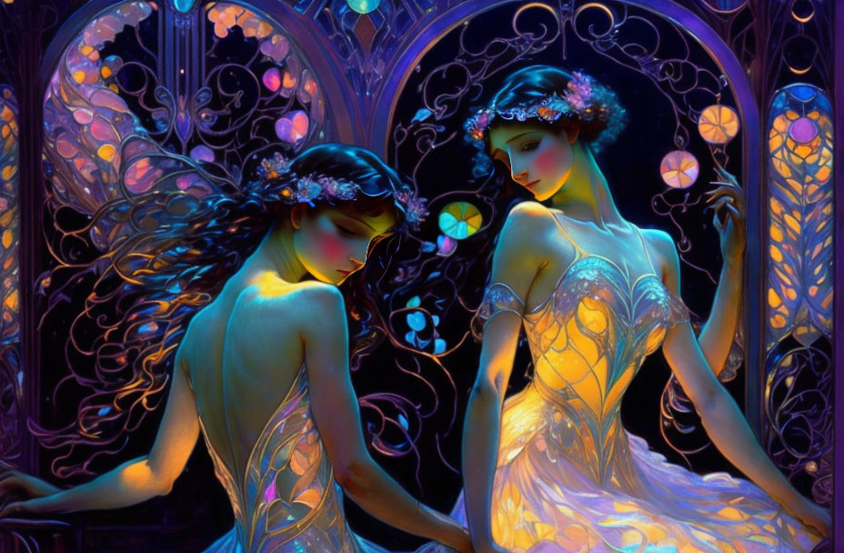 Ethereal fairy-like figures with luminous wings and elegant attire amidst intricate glowing patterns