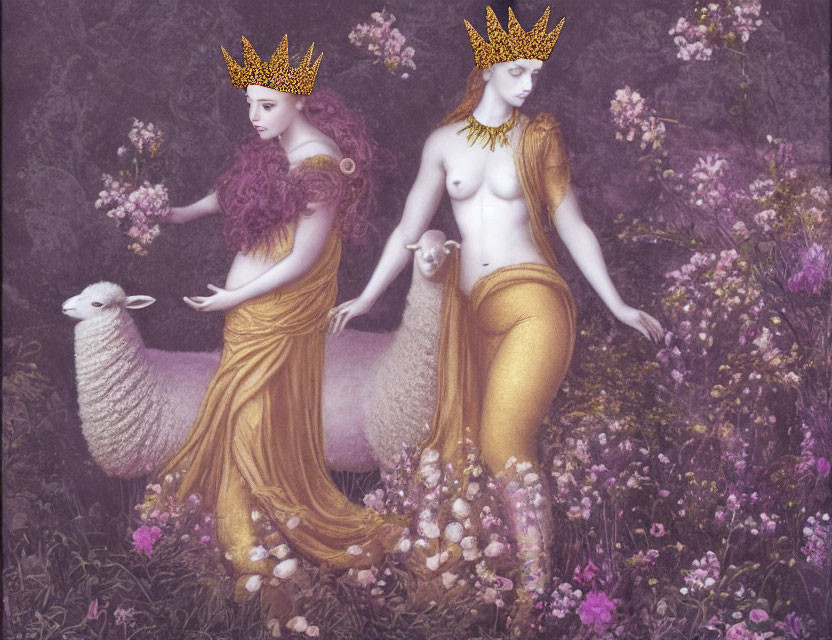 Two women in golden crowns and attire with a sheep in a floral setting.