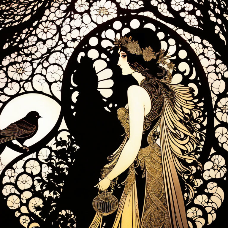 Art Nouveau Style Illustration of Woman with Raven and Floral Patterns