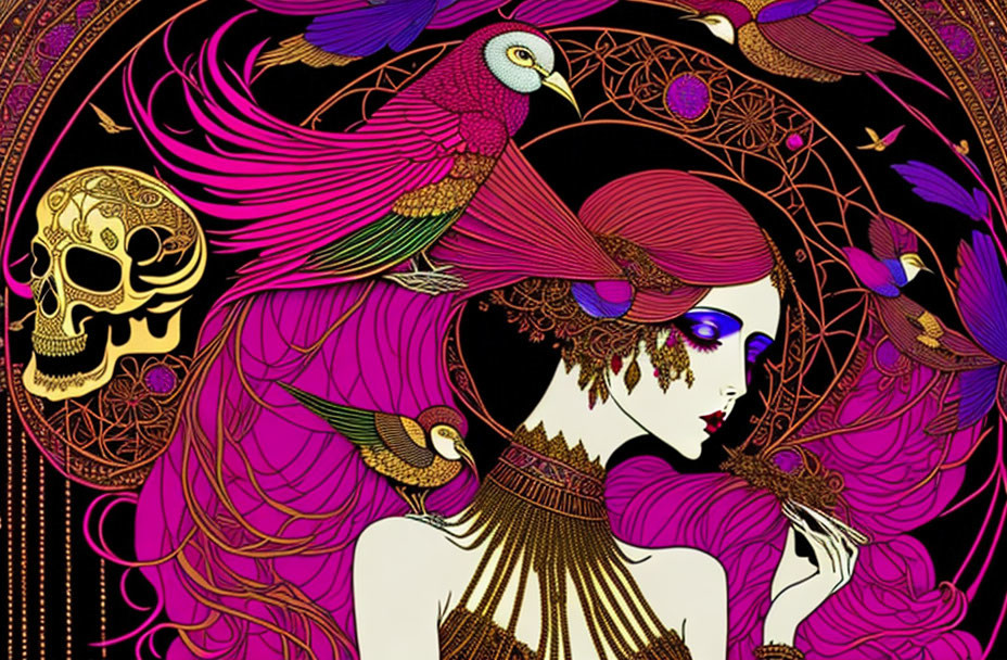 Detailed illustration of woman with pink hair, birds, skull, and ornate patterns in mystical setting.