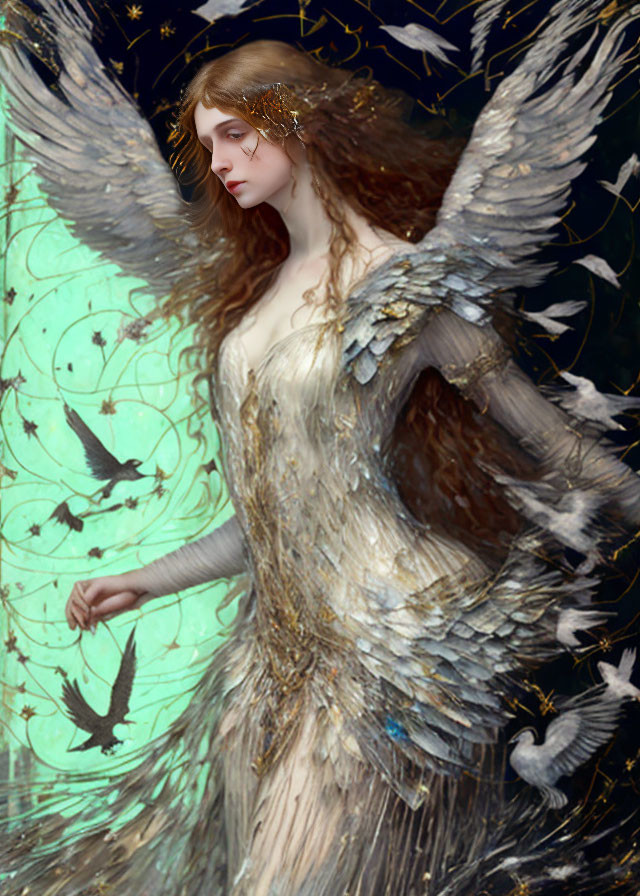 Angel with wings and golden crown in starry setting.