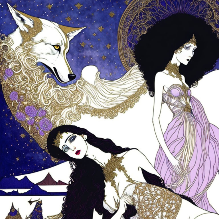 Stylized women with Art Nouveau elements in night sky setting