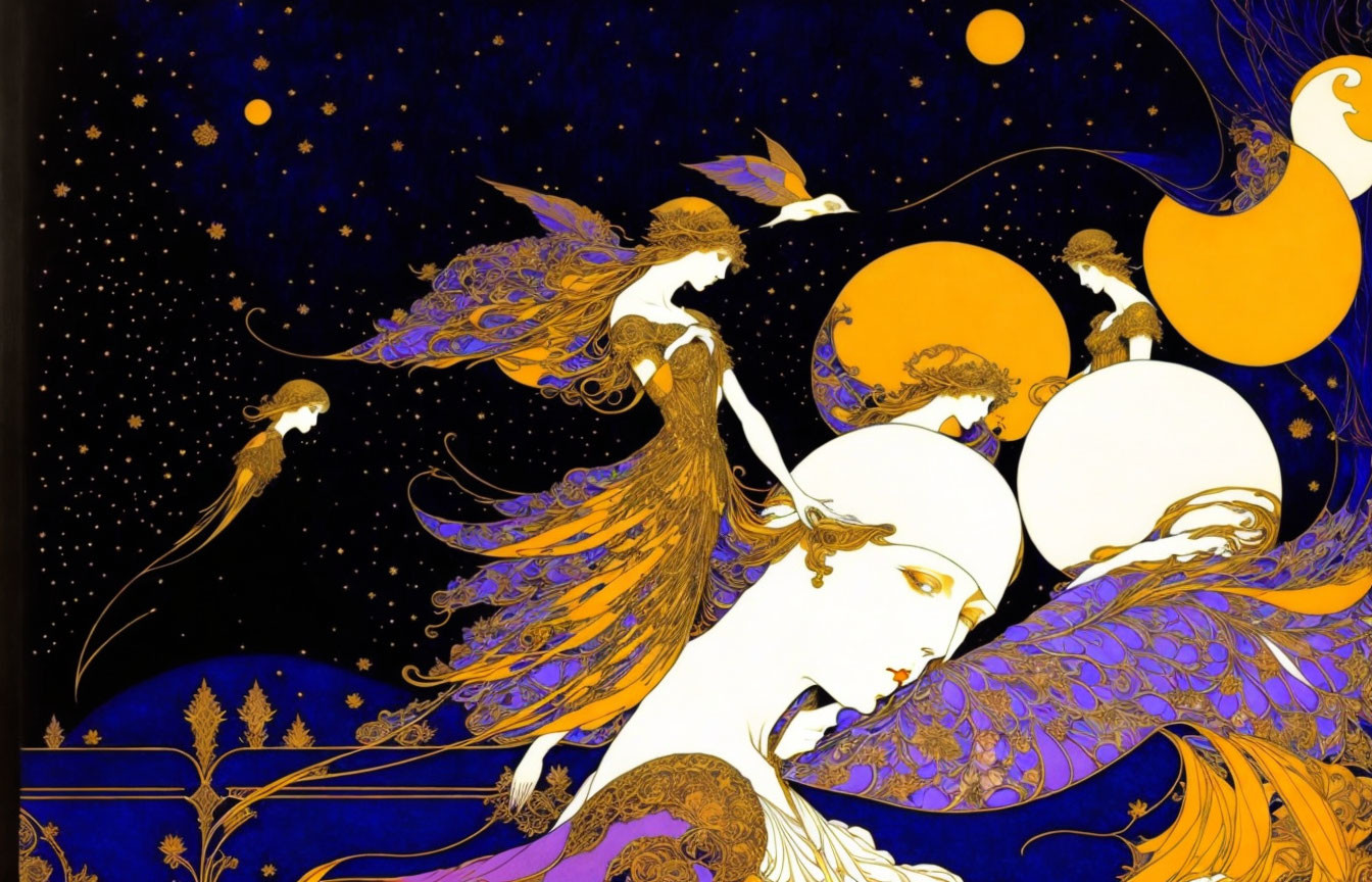 Art Nouveau Style Illustration: Women and Peacocks in Gold and White on Dark Blue Star