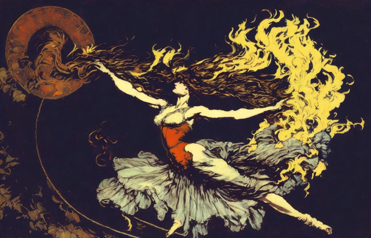 Stylized artwork of woman with flowing hair and dress in vibrant flames on dark background with moon