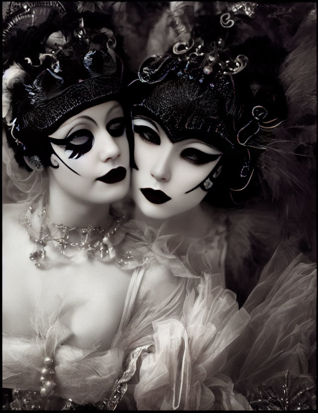 Elaborate Venetian masks and costumes with feathers and beads