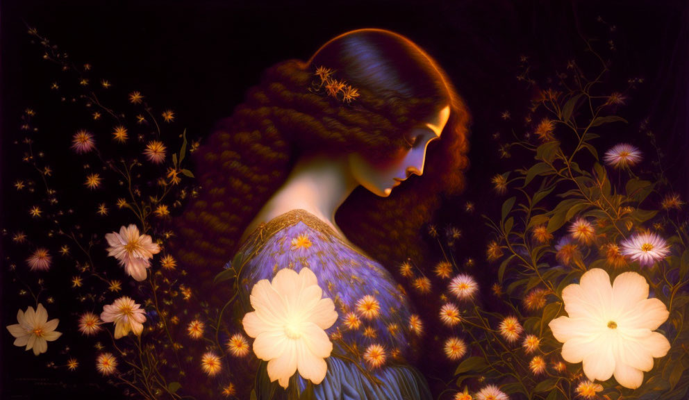 Mystical woman with flowing hair among glowing flowers on dark backdrop