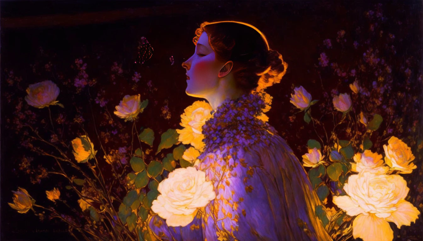 Profile portrait of a woman with glowing halo, roses, and butterfly for serene, mystical ambiance