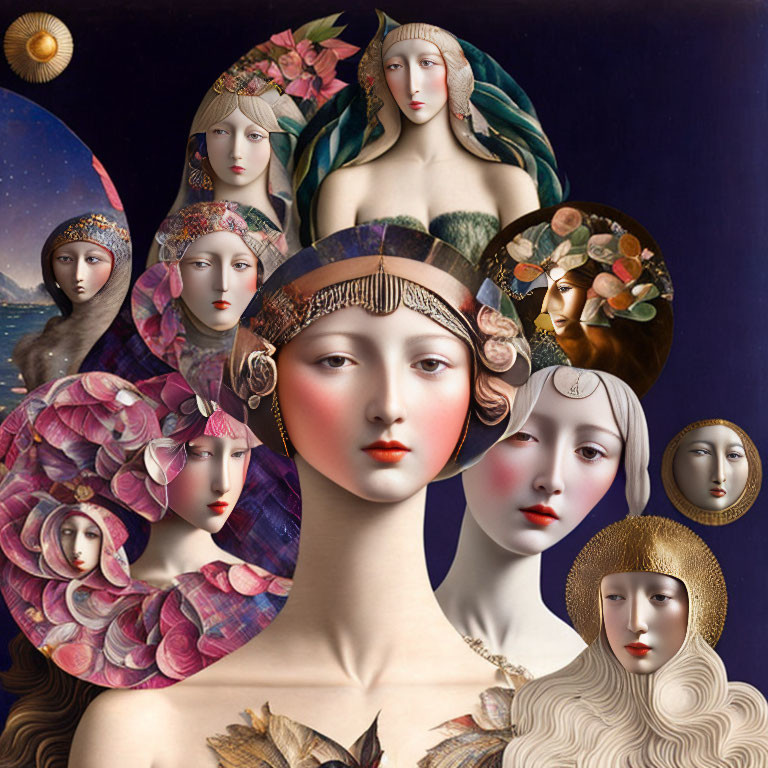 Surreal collage of female faces with floral headpieces on night sky