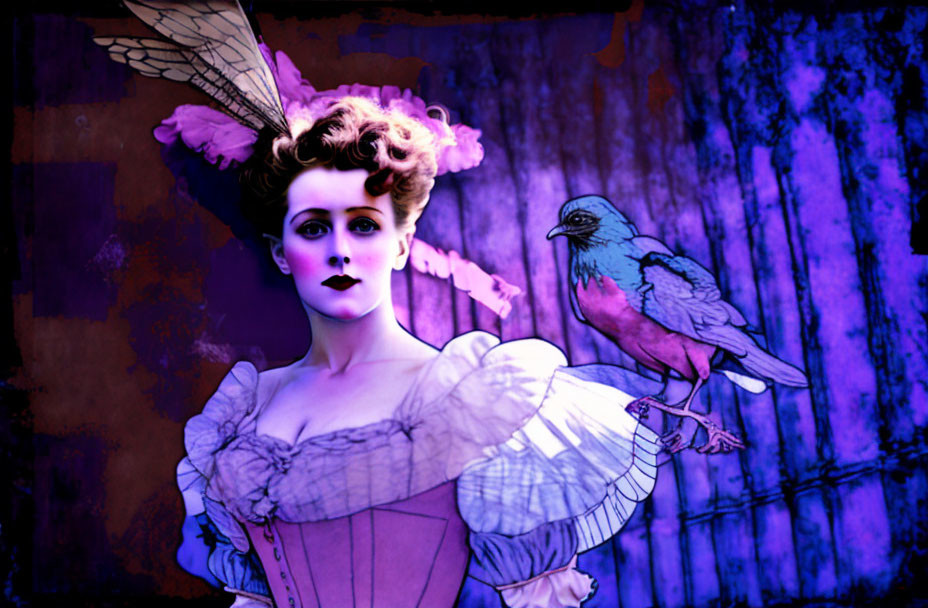 Vintage-styled woman with elaborate hairdo and ruffled dress next to perched bird on moody