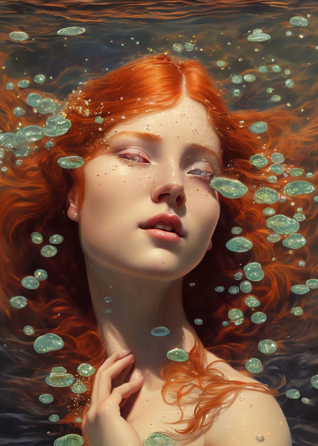 Red-haired woman peacefully floating among jellyfish in water.