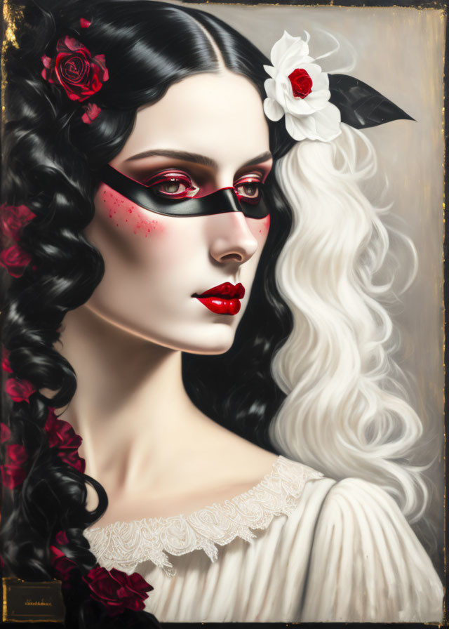 Portrait of Woman with Black and White Hair, Red Lipstick, Mask, Roses, and White Flower