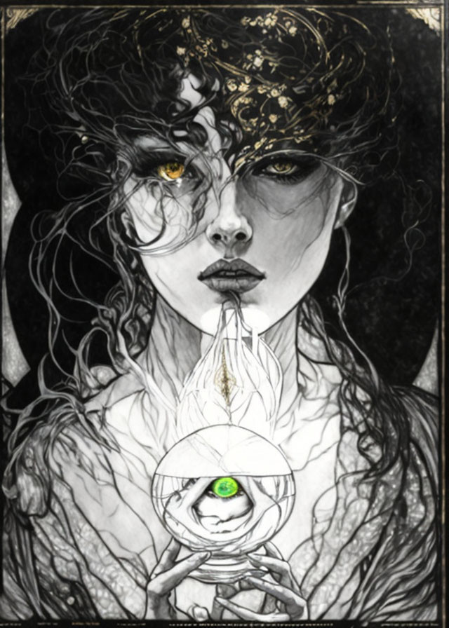 Illustrated woman with golden eyes and glowing orb in black, white, and gold tones