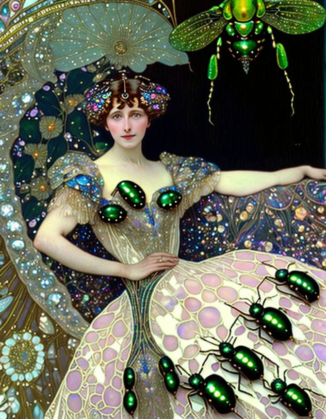 Edwardian Era Woman Blended with Scarab Beetles and Art Nouveau Style