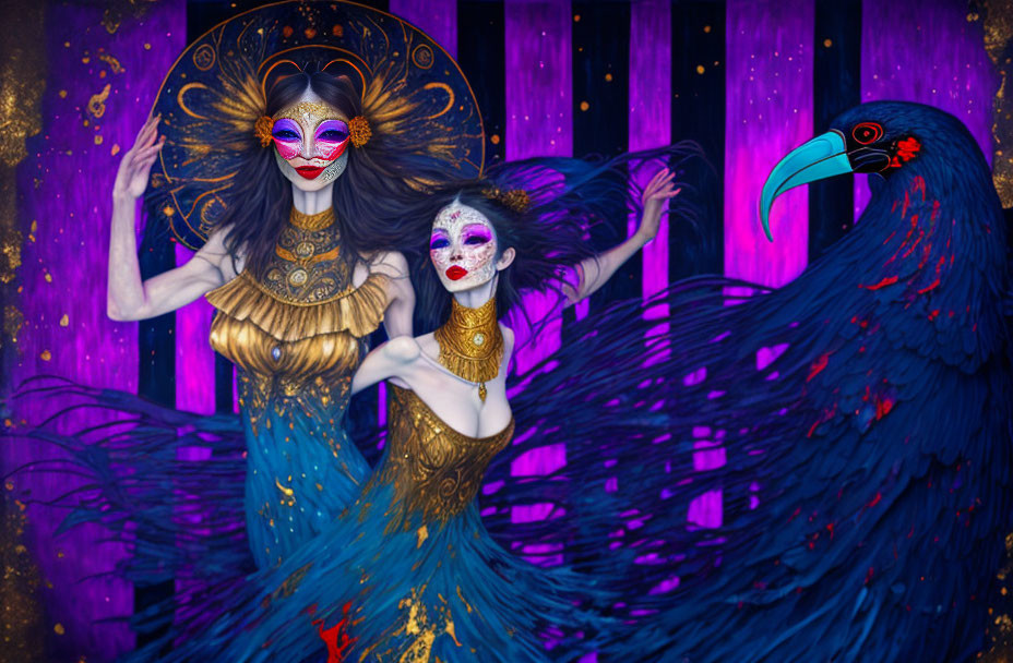 Mystical women in masquerade masks and peacock costumes with raven on purple backdrop