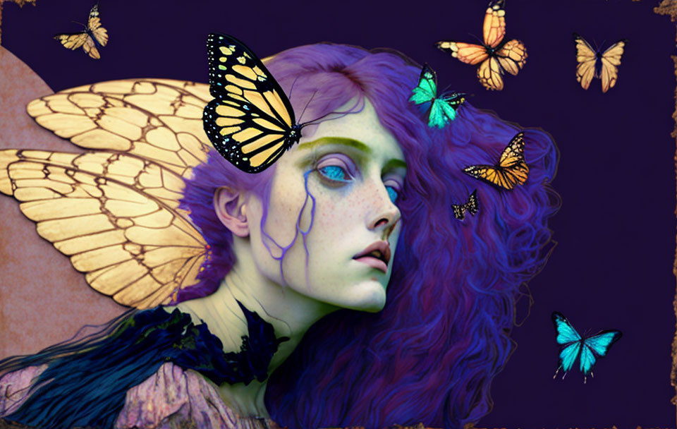 Fantasy portrait of woman with butterfly wings and purple hair