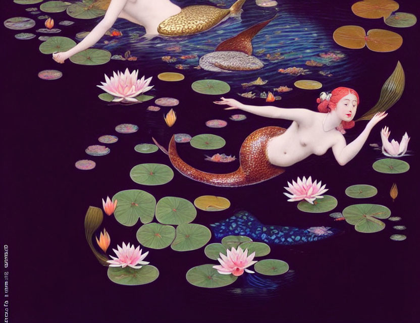 Red-haired mermaid in dark pond with koi fish and lotus flowers