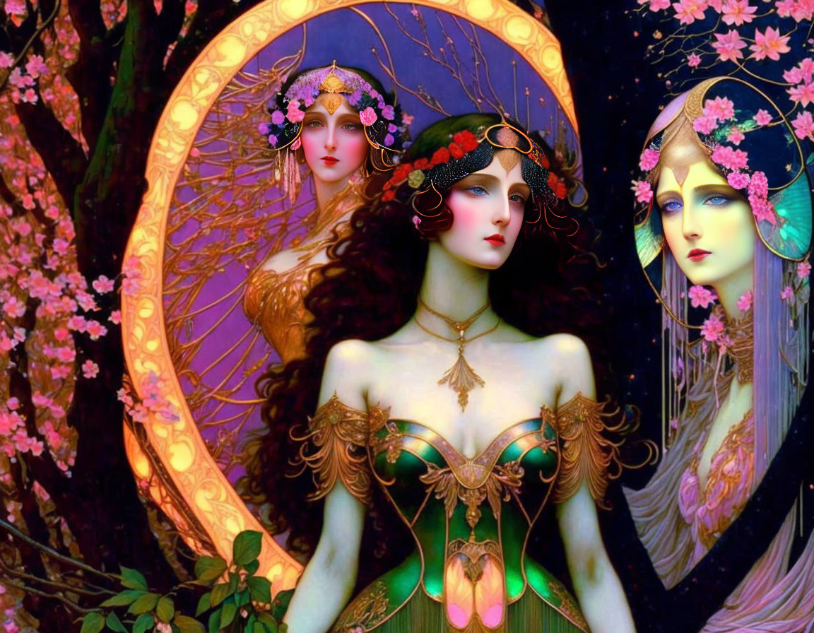 Three stylized women in ornate dresses and hairpieces against a floral moonlit backdrop