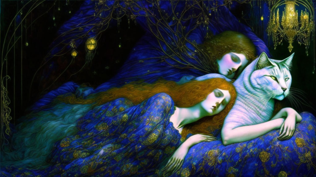 Two women sleeping under starry sky with oversized cat in blue and golden hues