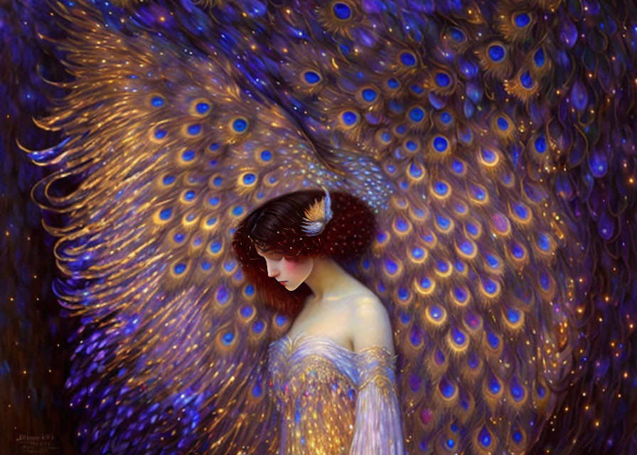 Woman merged with peacock feathers in artwork