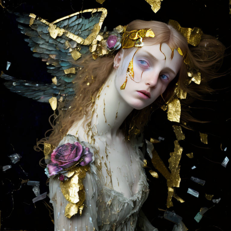 Portrait of person with angel wings, gold flakes, gemstones, rose, dark backdrop